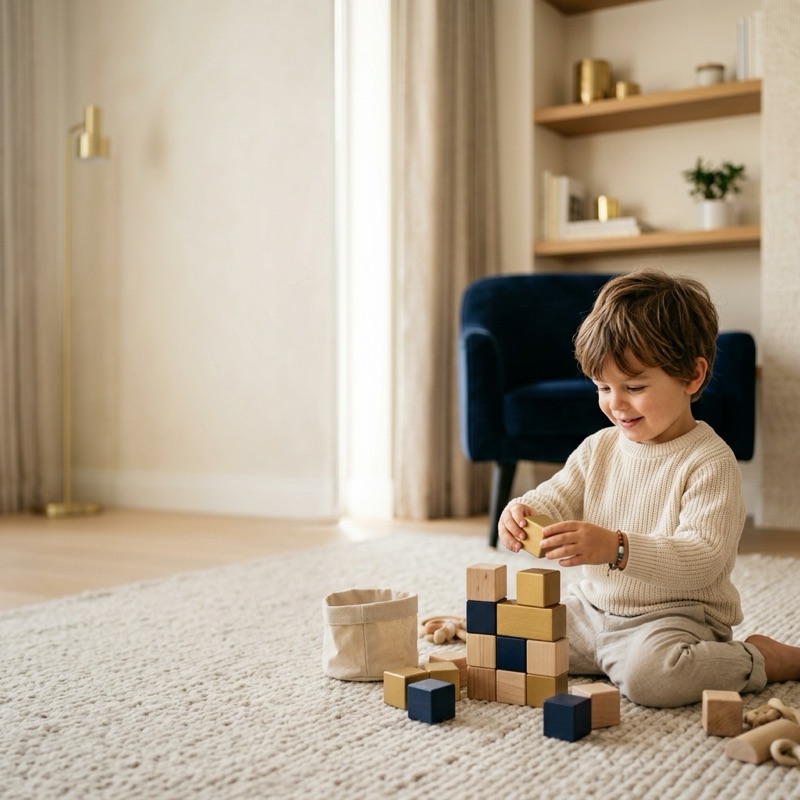 A young child playing calmly at home