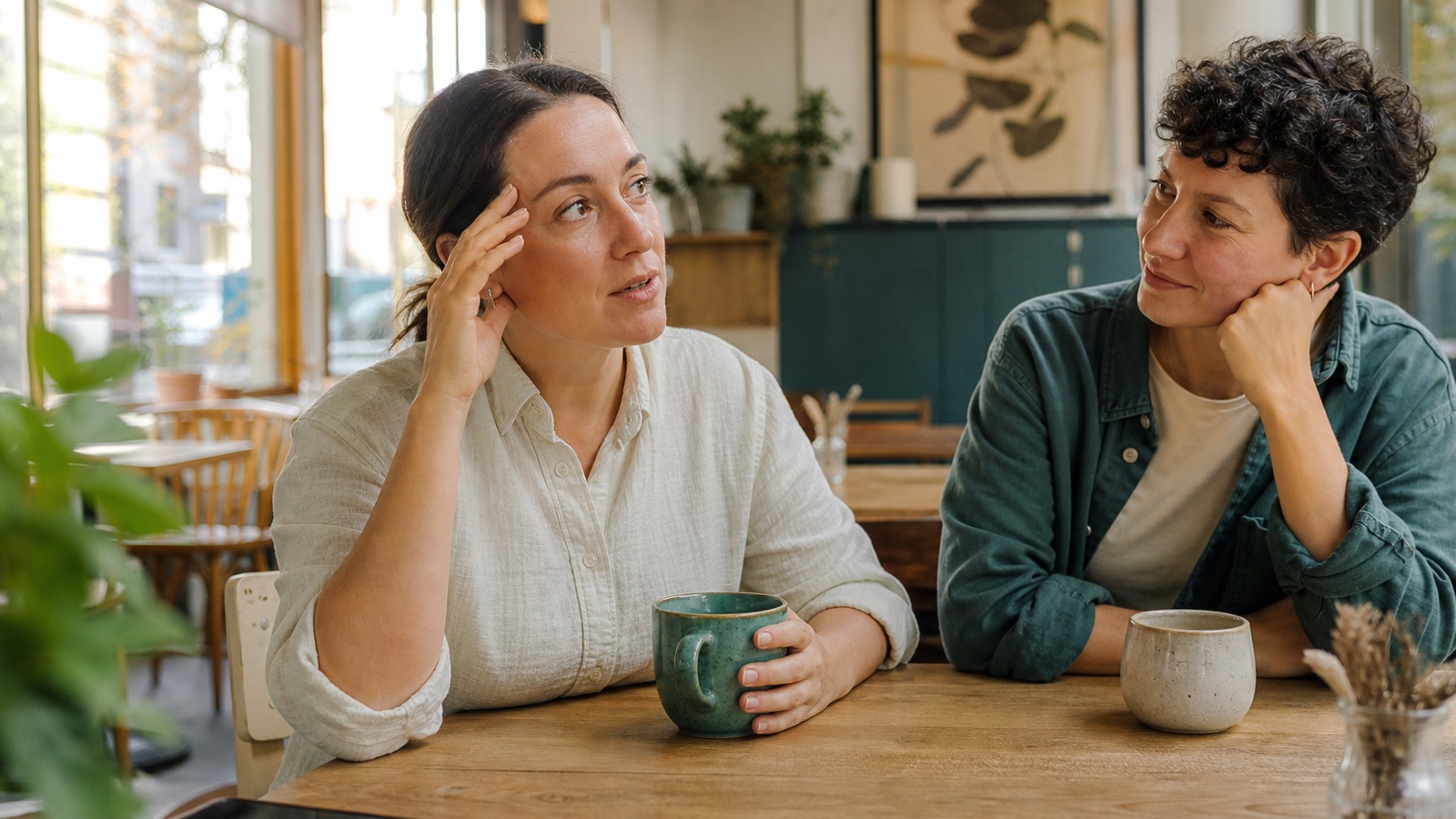 Two adults stay connected during a thoughtful conversation at a quiet cafe