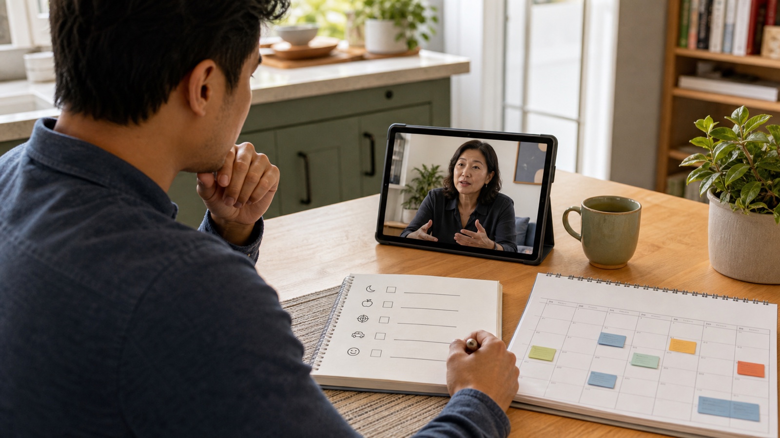 An adult reviews a weekly treatment plan with a clinician on a tablet