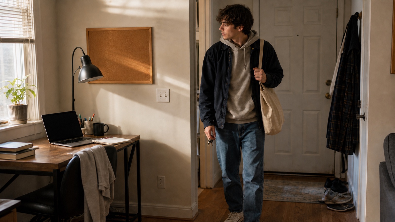 A college-age adult pauses between a home desk and the front door with a bag and keys