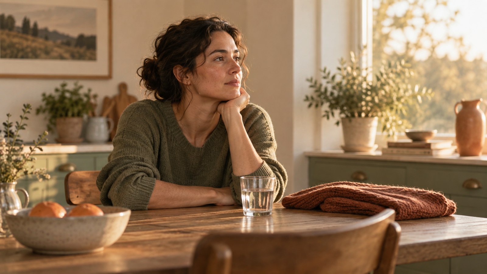 An adult sits quietly at a sunlit kitchen table with water nearby after a difficult moment