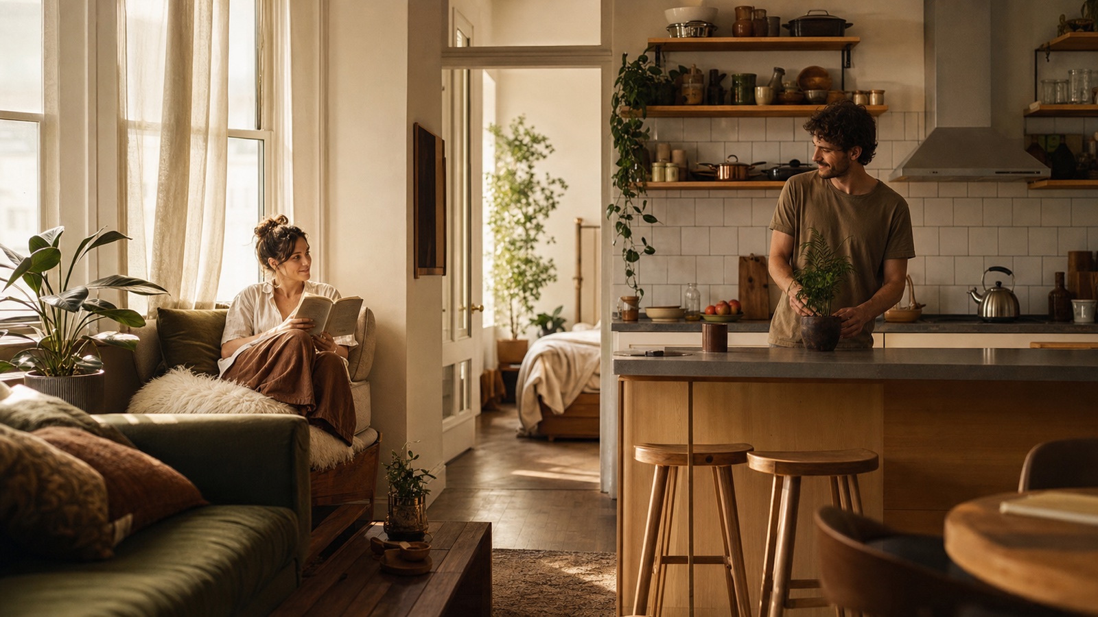 A couple enjoys separate quiet activities in different parts of a sunlit shared apartment