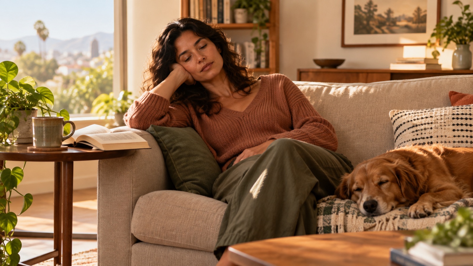 An adult rests on a sunlit sofa beside an open book and a sleeping dog