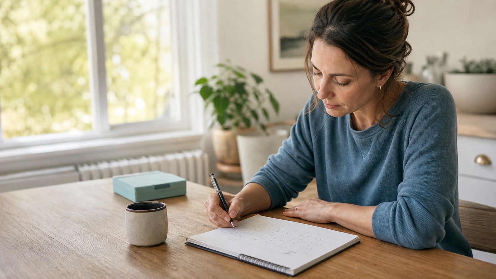 A person calmly records weekly changes in a notebook at a kitchen table