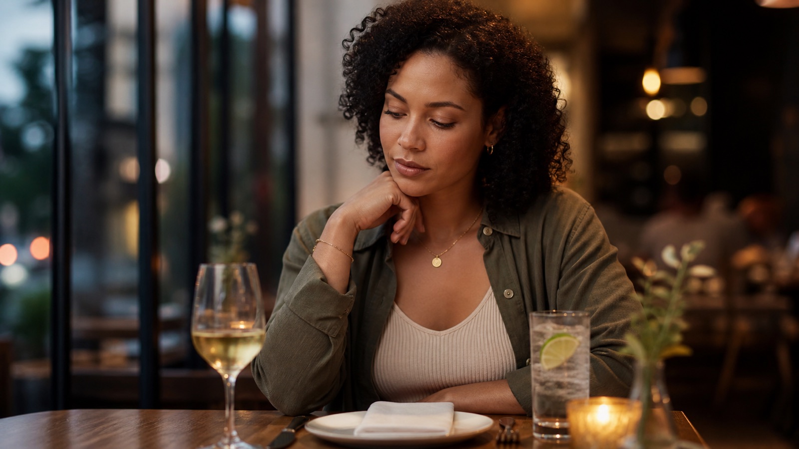 An adult at dinner considers a wine glass beside sparkling water