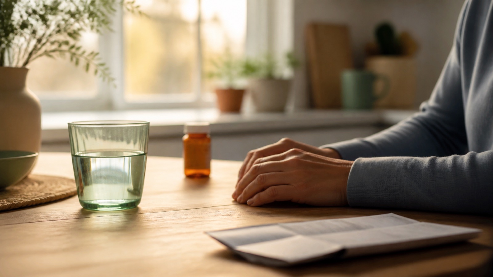 Hands resting beside a glass of water and an unreadable medication bottle in morning light
