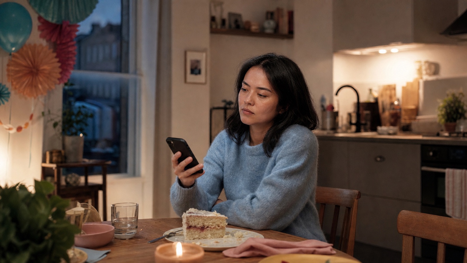 An adult sits thoughtfully with a phone and slice of cake after a small birthday gathering
