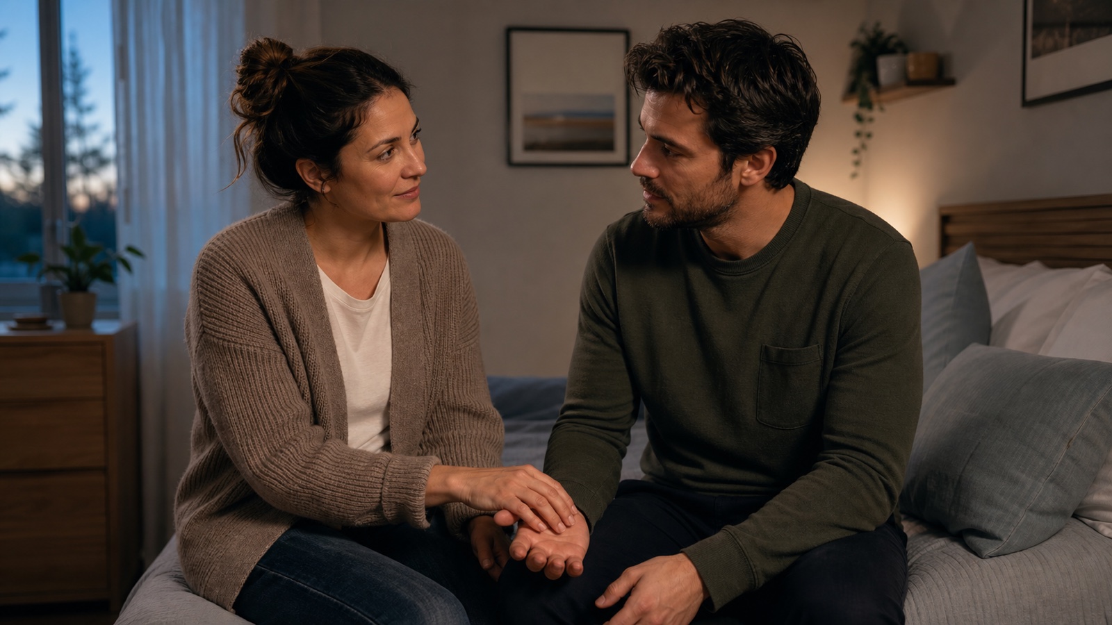 A couple shares a reassuring conversation while holding hands in a quiet bedroom