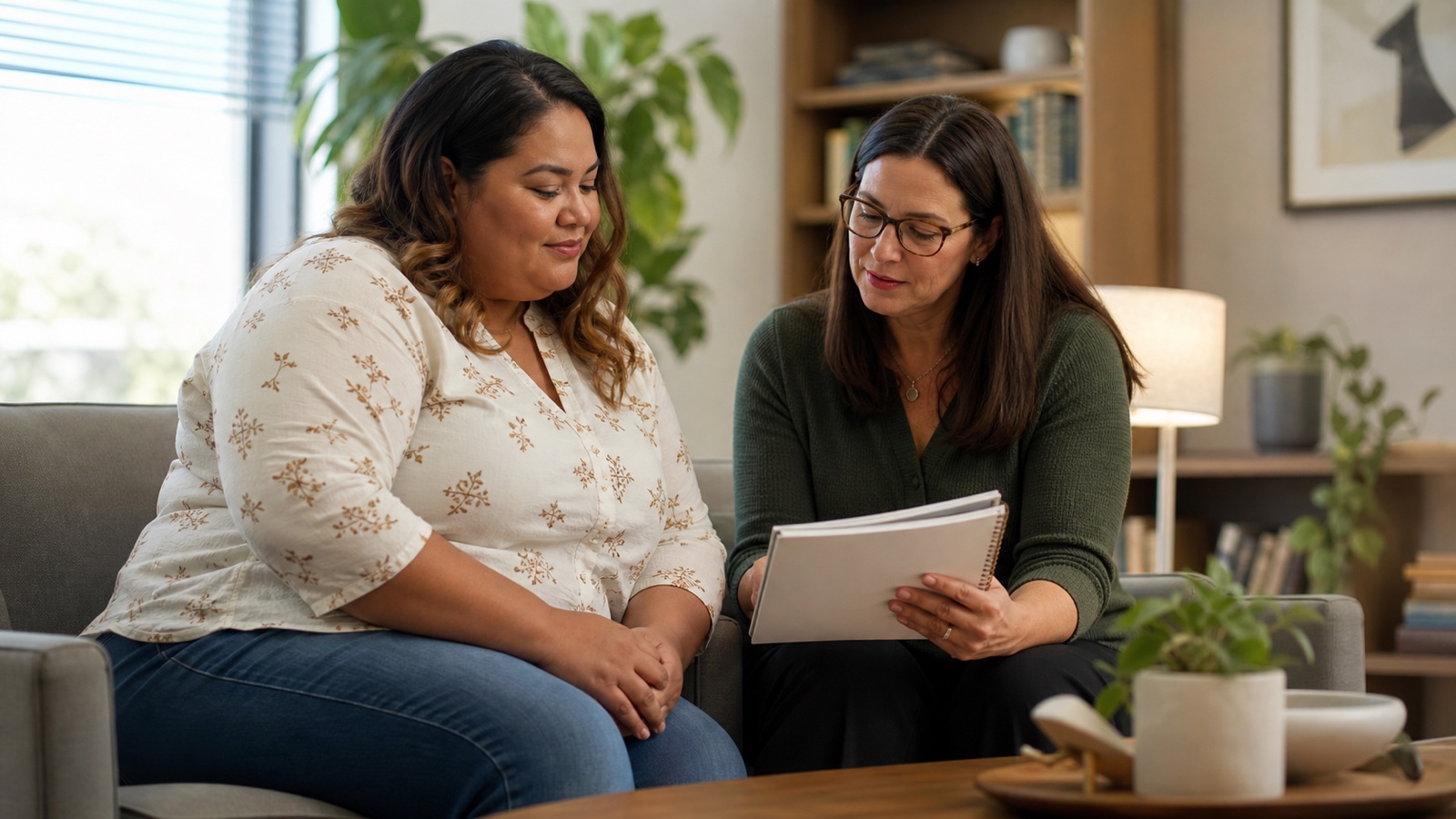 A patient and clinician review a health notebook together in a calm office