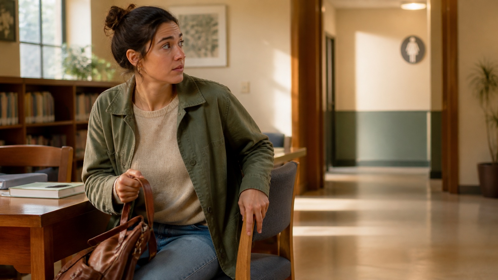 An adult in a quiet library gathering a bag while looking toward the restroom