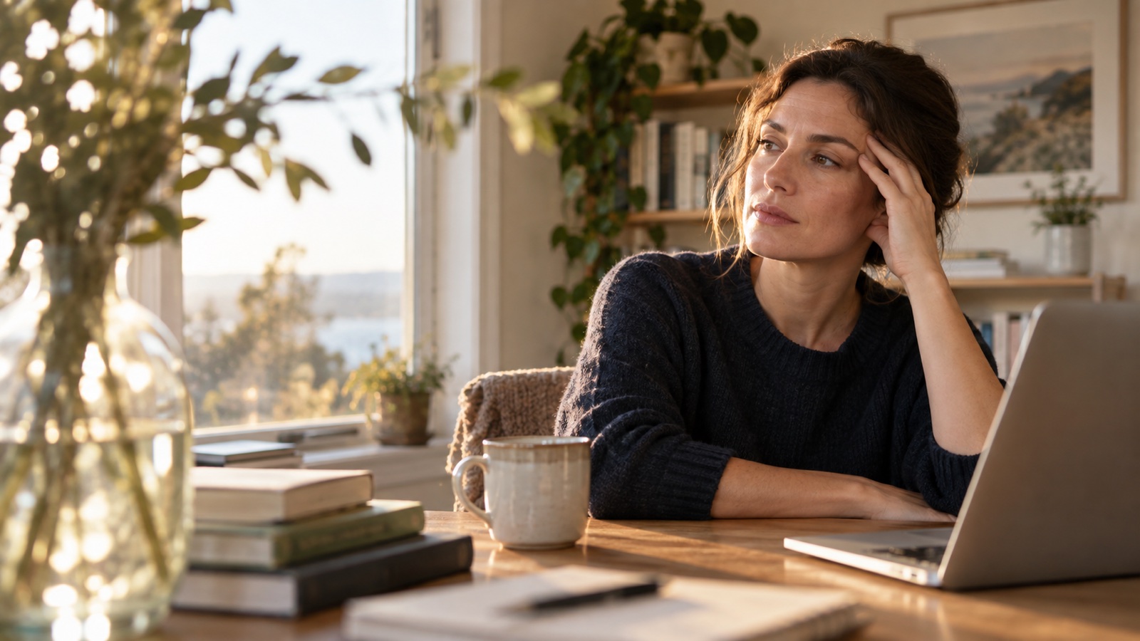 An adult pauses at a sunlit desk while the foreground falls softly out of focus