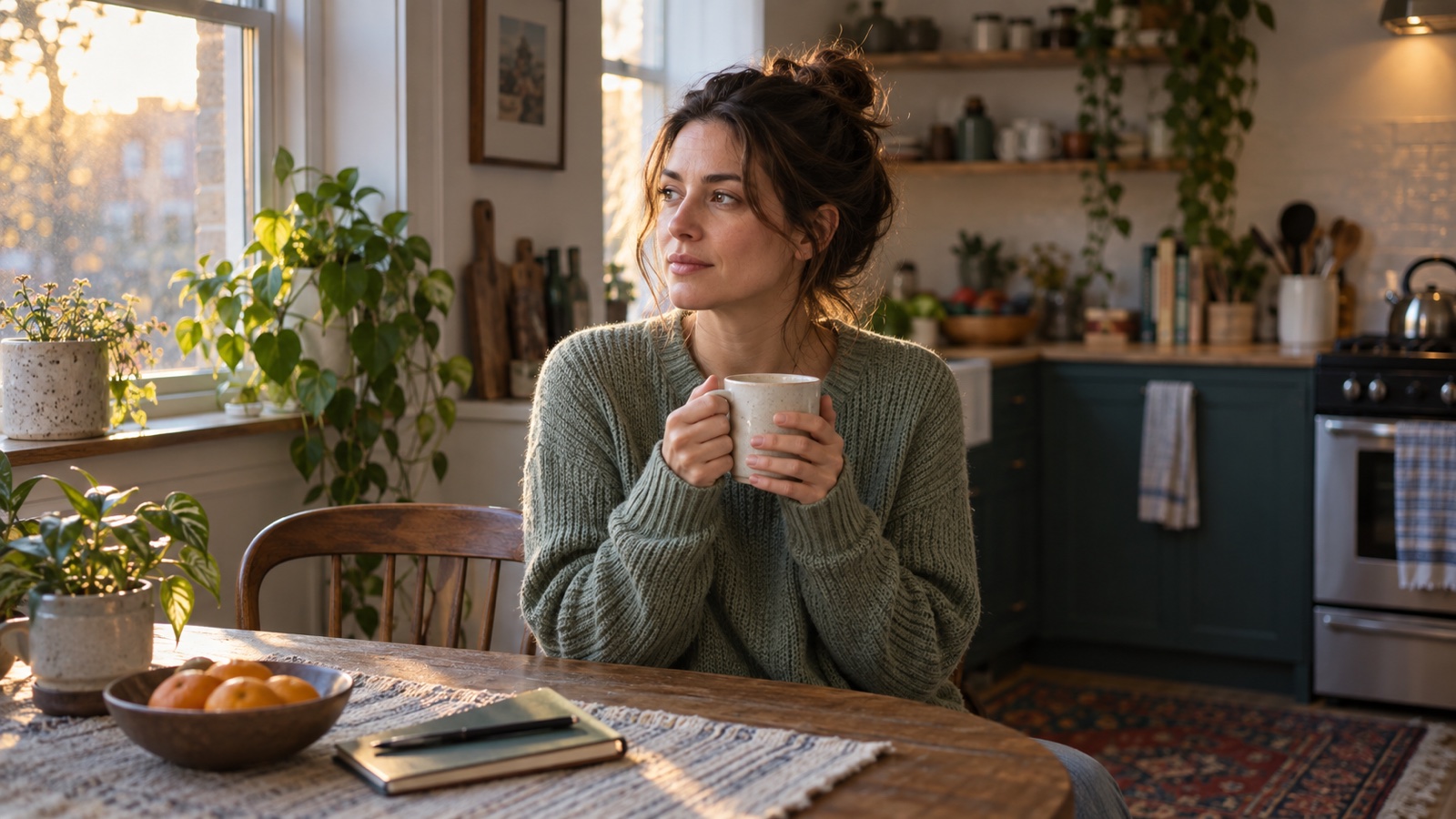 An adult holds a warm mug in a softly lit kitchen while noticing a cold sensation