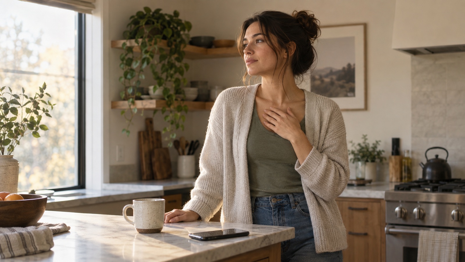 An adult pauses in a sunlit kitchen with one hand resting lightly on the upper chest