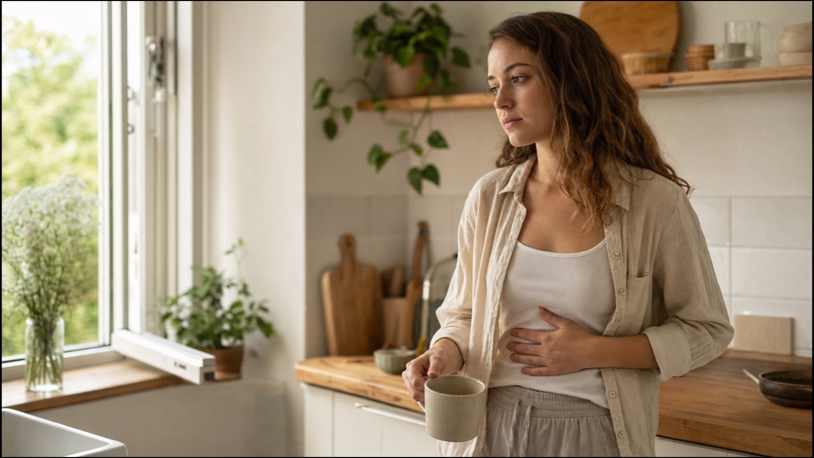 A young adult pauses with a mug and a hand resting on her stomach in a sunlit kitchen