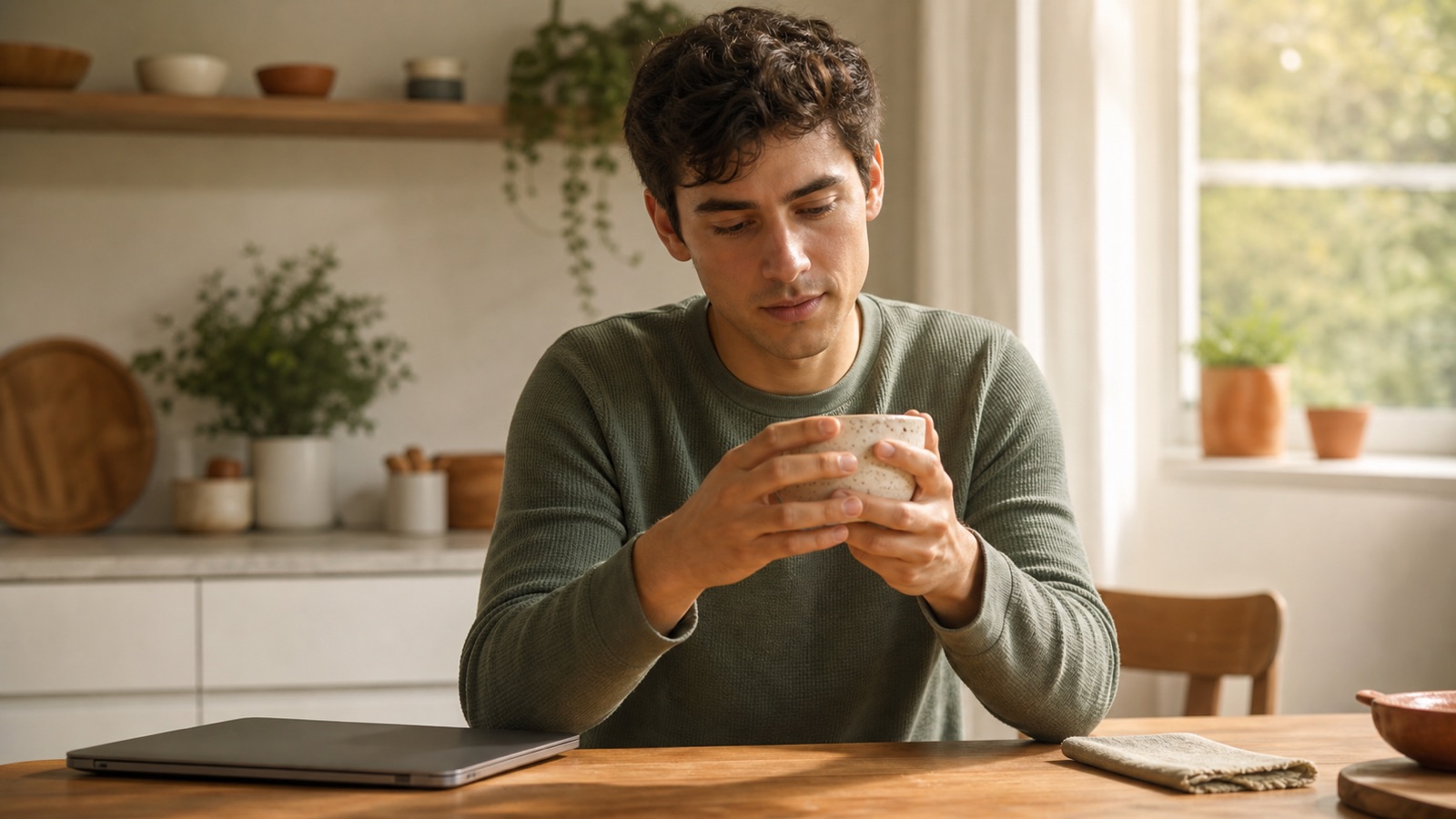 A young adult notices their hands while holding a ceramic cup at a kitchen table