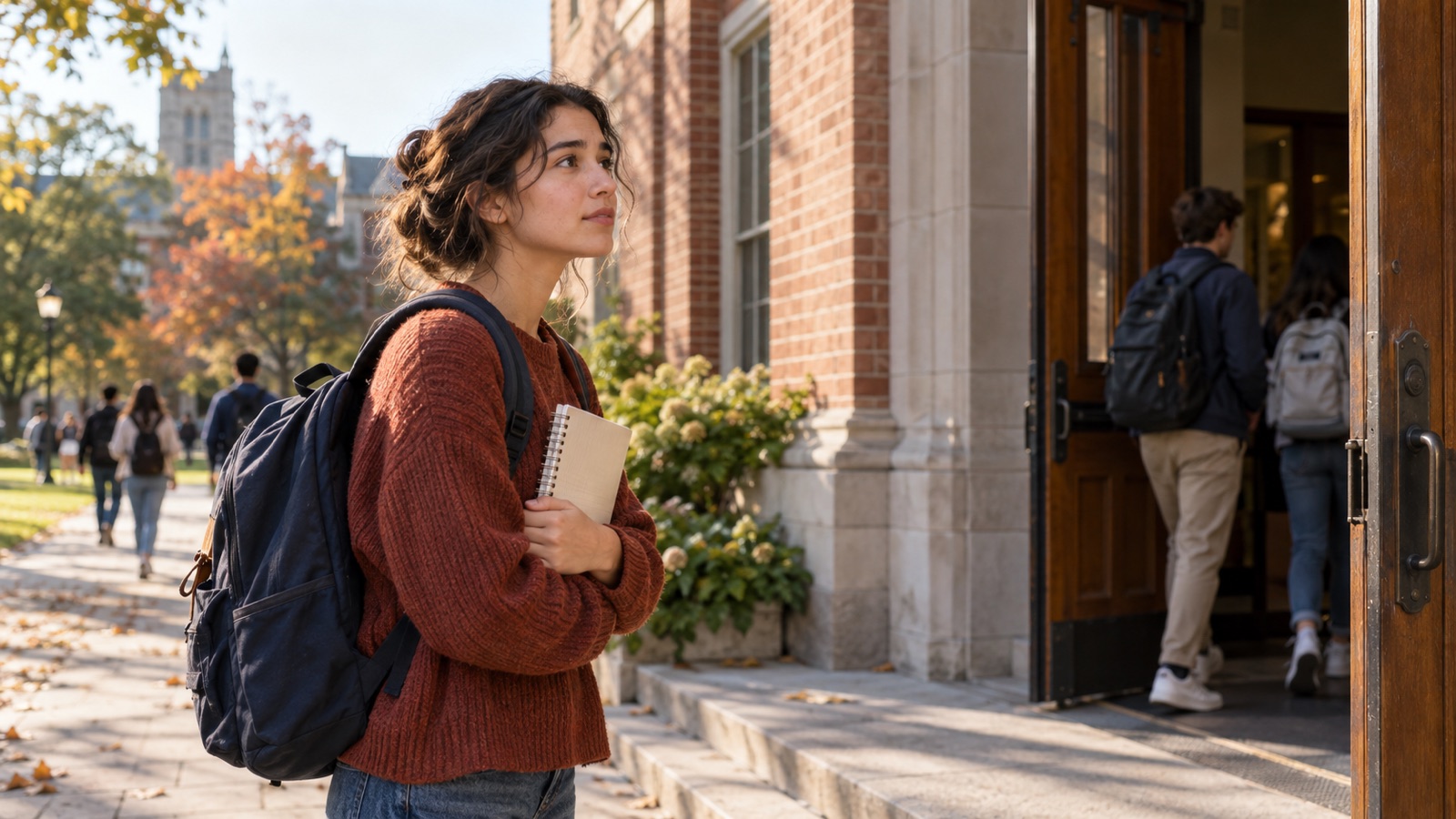 A college student pauses with a notebook outside an open classroom building