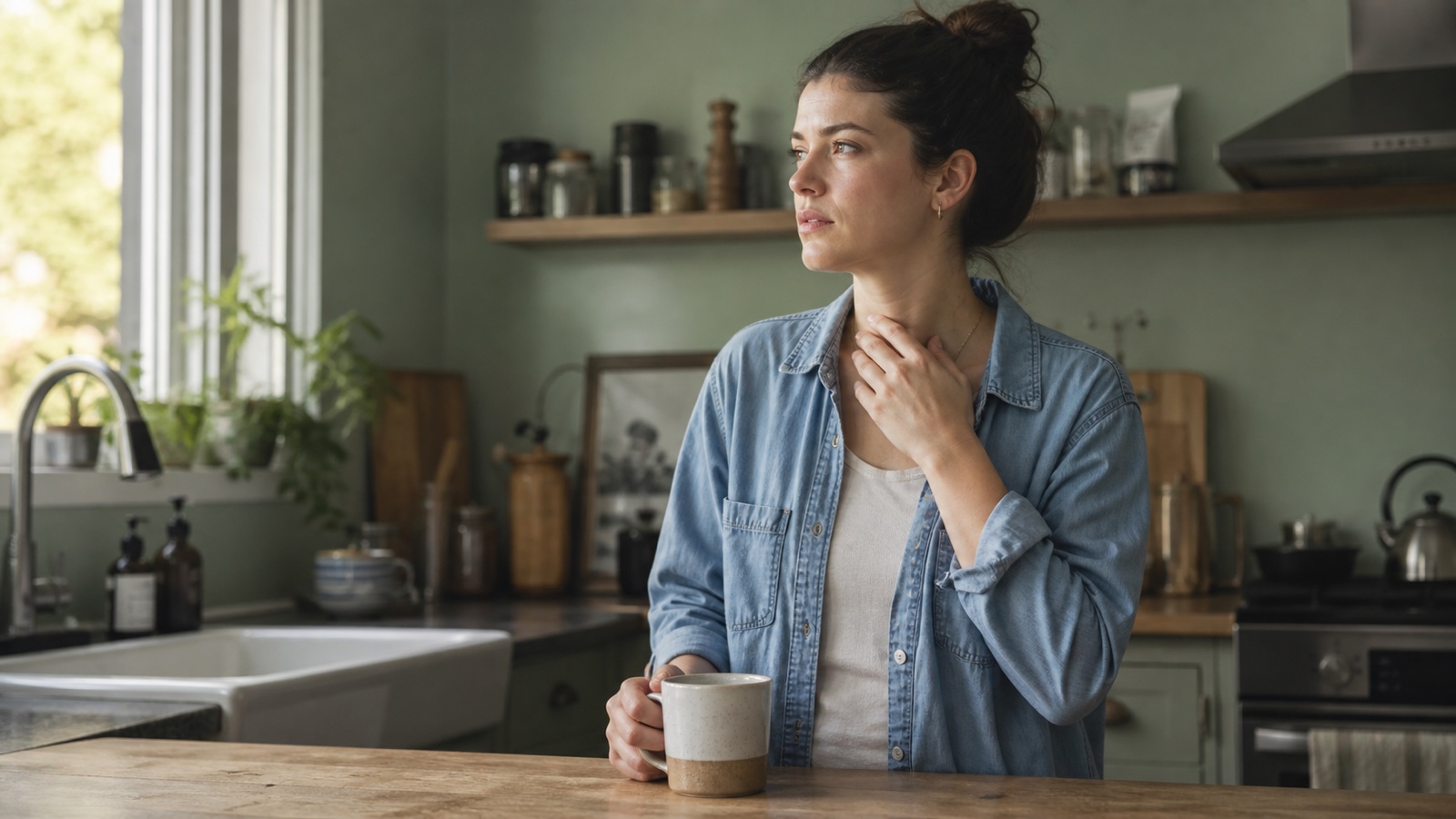 A person holds a warm mug and rests a hand lightly near their throat