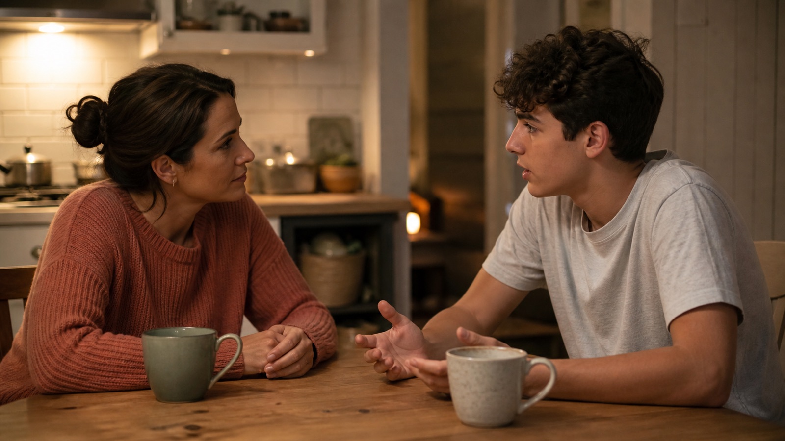 A parent listens closely as a teenager speaks at a kitchen table