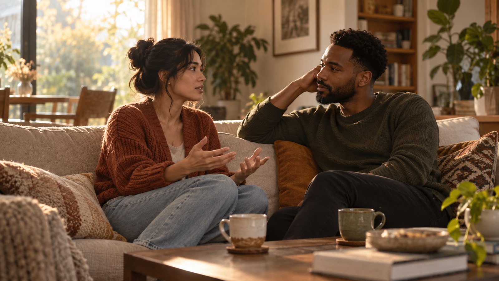 A couple sits together in warm afternoon light while one partner speaks and the other listens