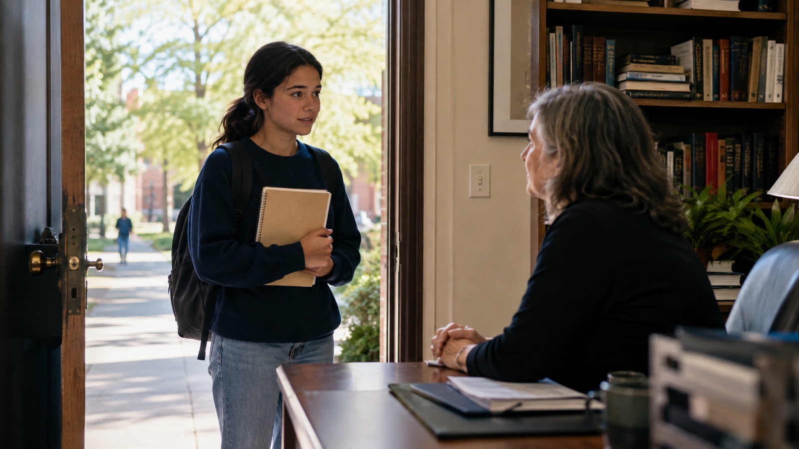 A college student visits a professor at an open office door