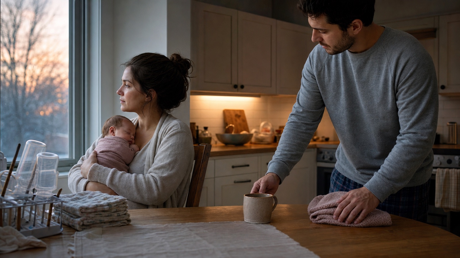 A tired new mother holds her sleeping baby while her partner offers quiet support at dawn