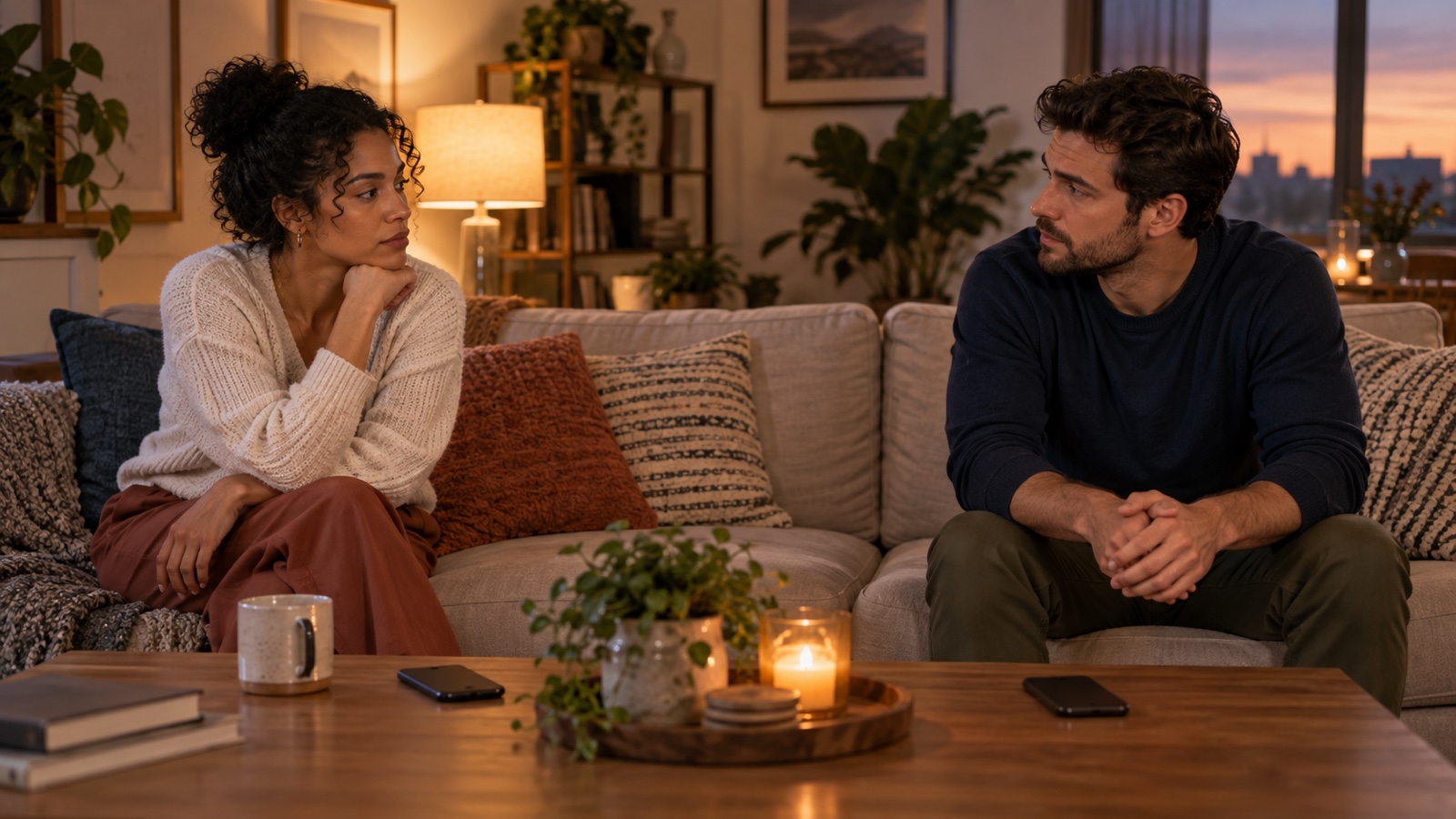 A couple sits apart on a sofa during a calm pause after an argument