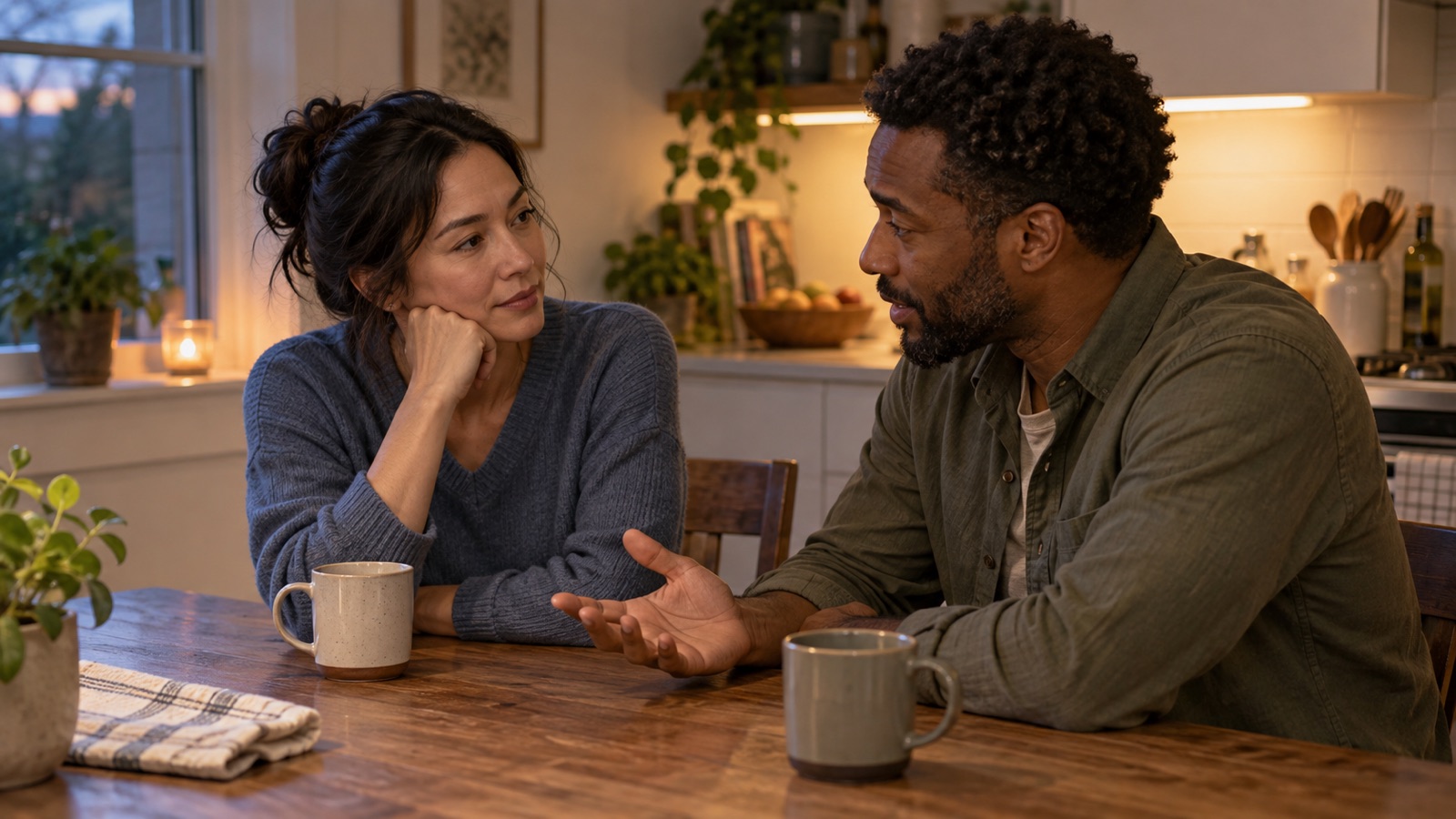 A couple listens to each other across a kitchen table during a calm conversation