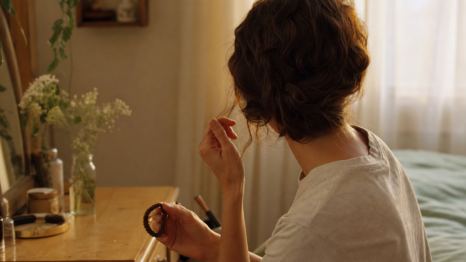 A person gently holds a loose strand of hair and a fabric hair tie in warm bedroom light