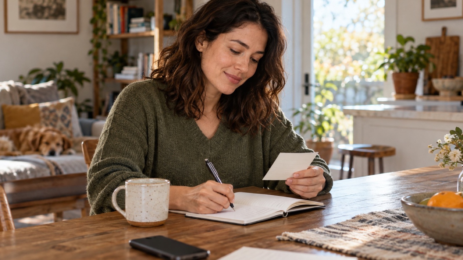 An adult writes a small practice plan in a notebook at a kitchen table