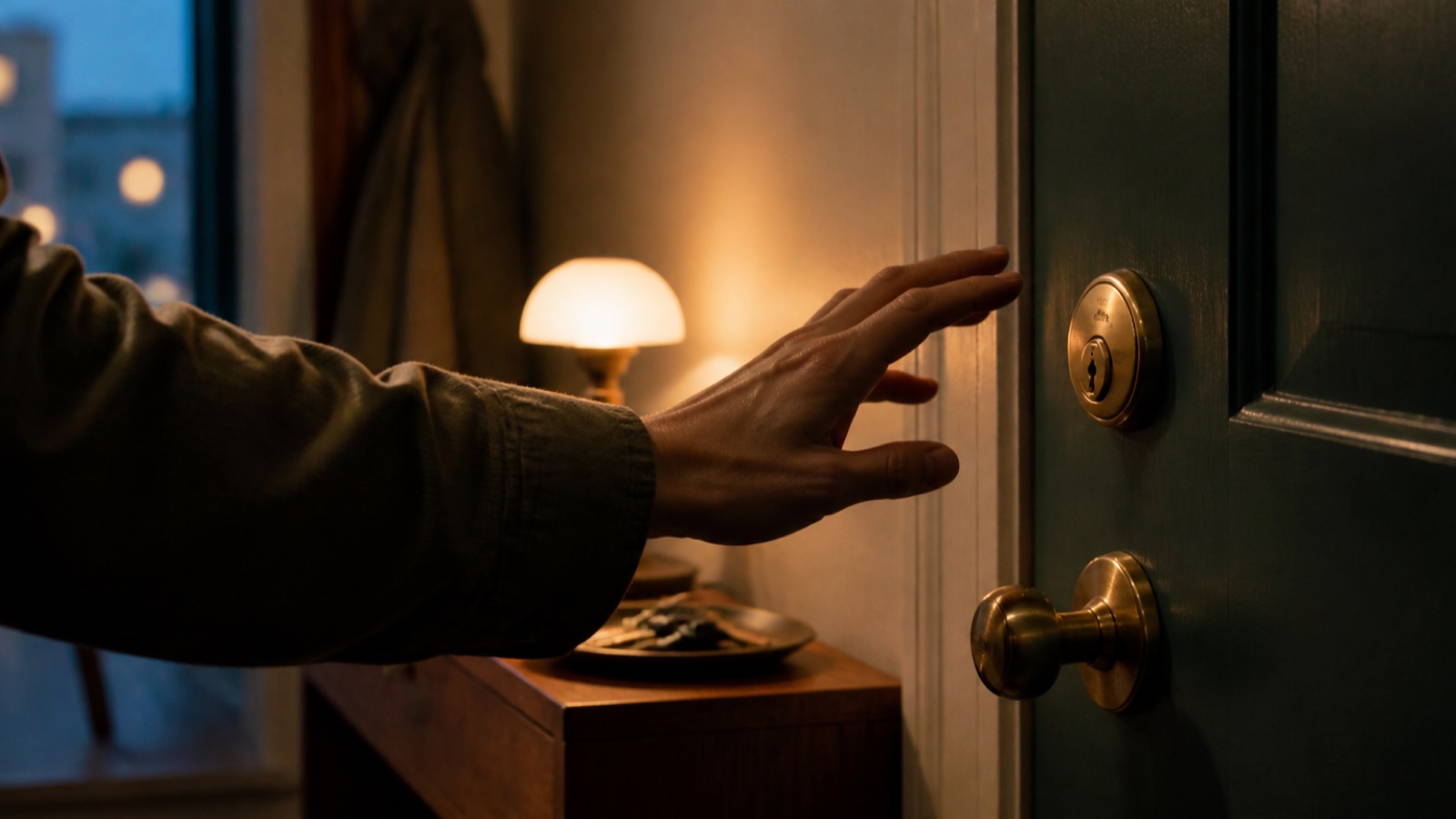 A hand pauses near a brass lock in a warmly lit entryway