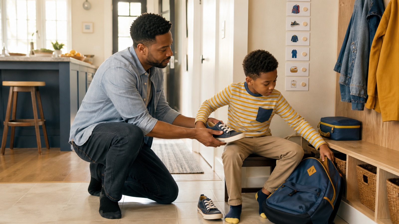A parent calmly helps a child with shoes beside a backpack and a picture routine