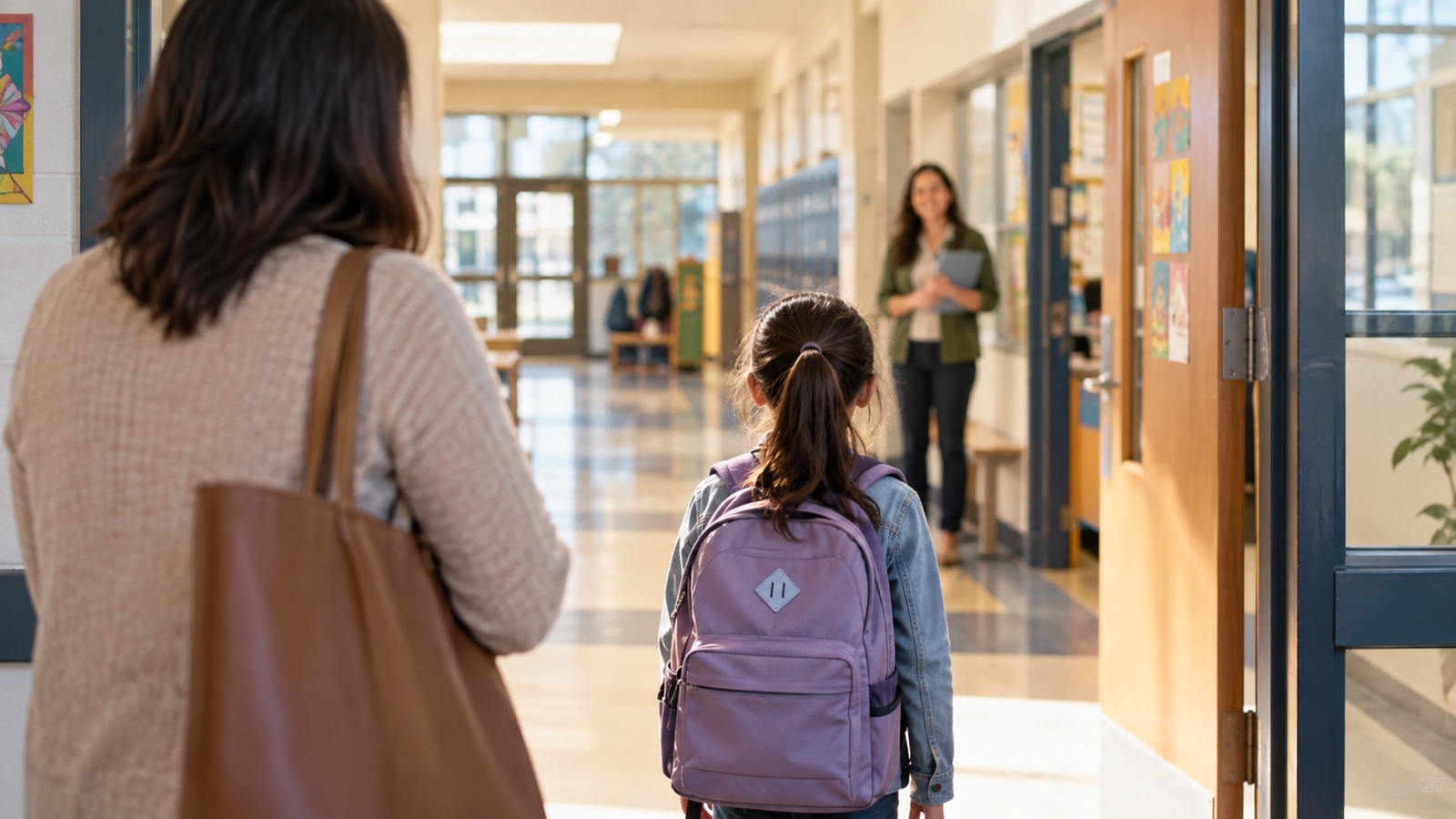 A child with a backpack walks into a bright school hallway while a caregiver waits nearby