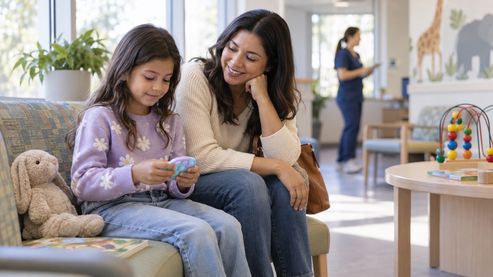 A parent helps a child practice a calm coping plan in a pediatric waiting area