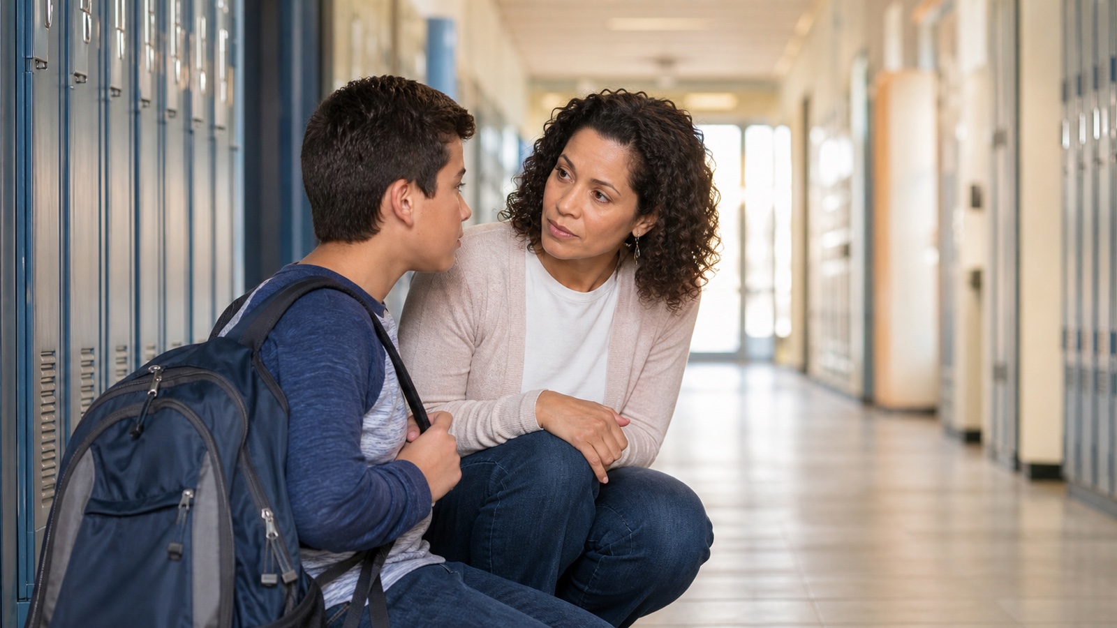 A parent listens closely to a child beside school lockers after dismissal