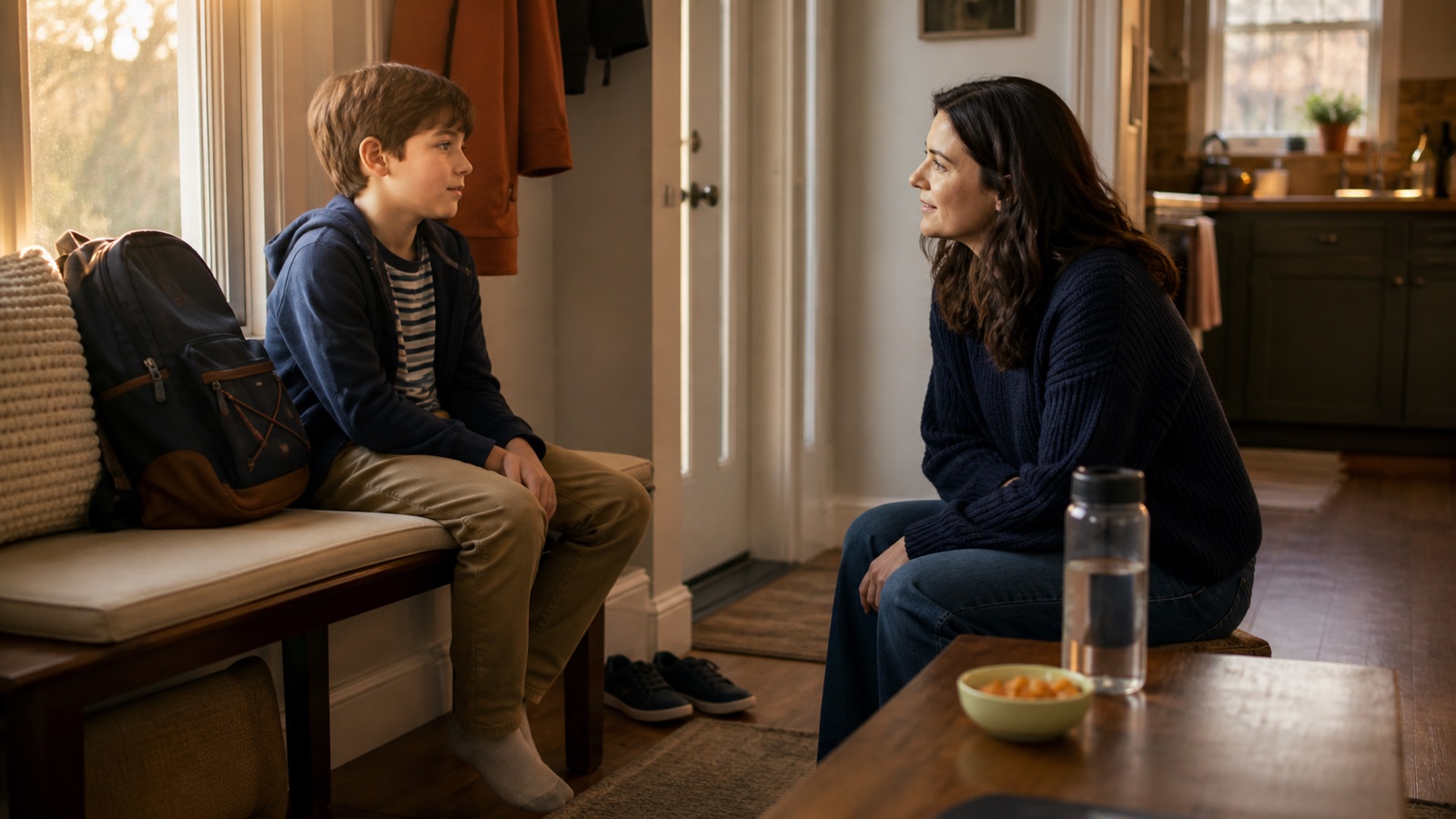 A parent listens to a school-age child during the transition home