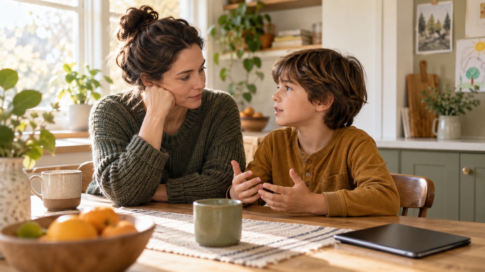 A parent listens as a child talks at a sunny kitchen table beside a closed tablet
