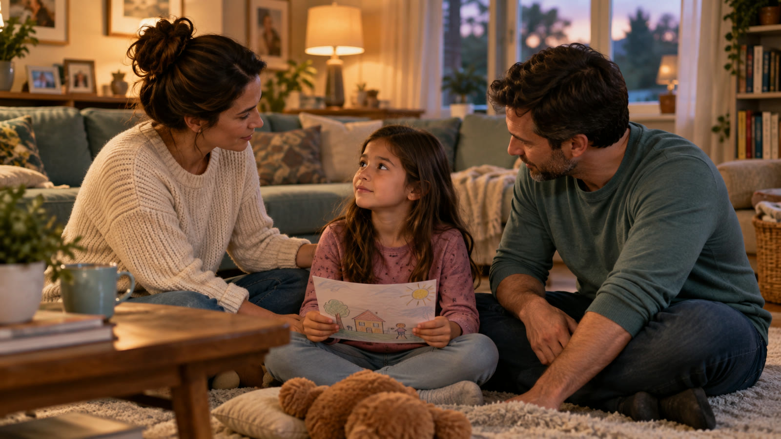 Two parents reassure their child together in a calm living room