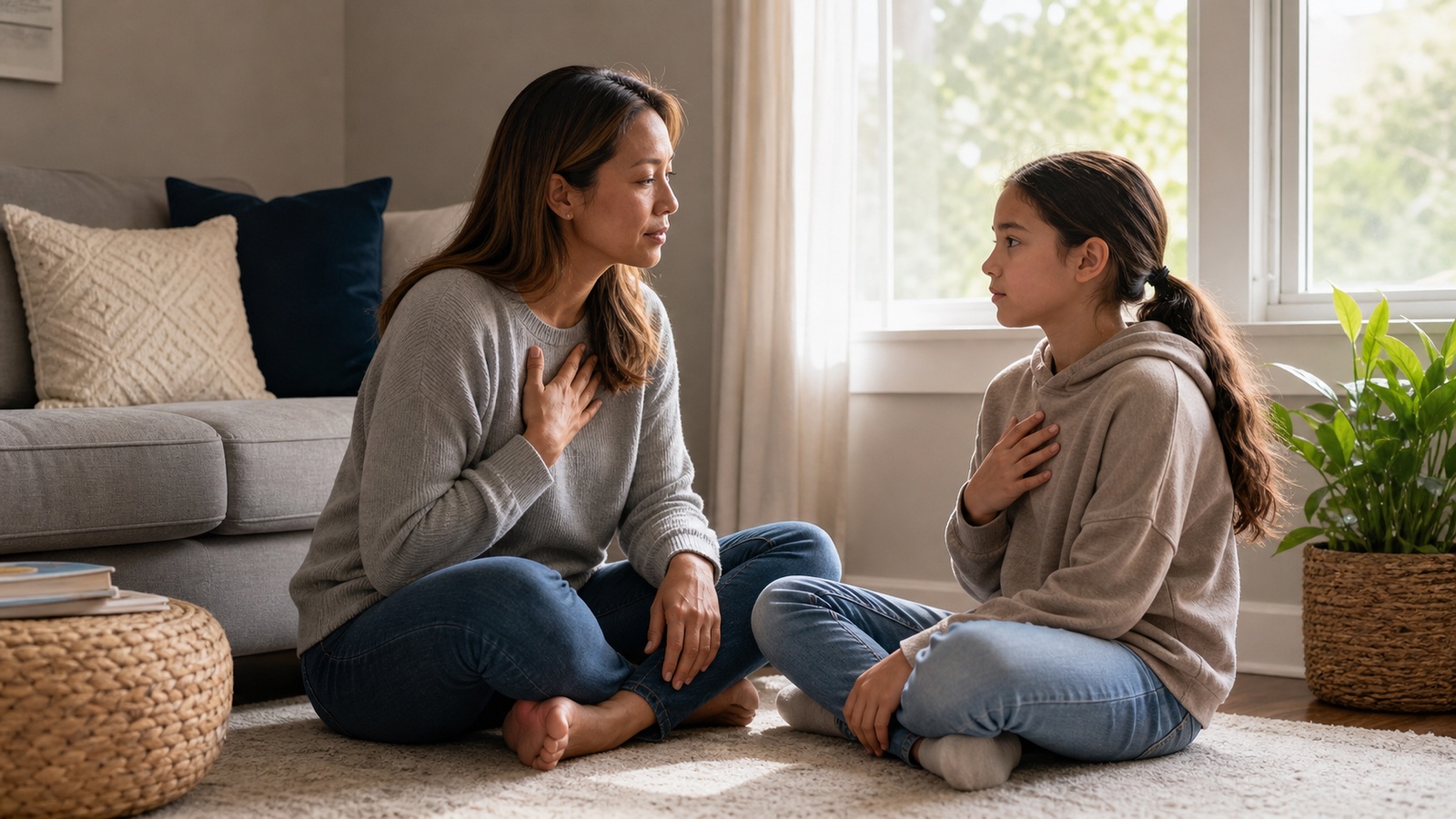 A parent models a calm breath while sitting beside a child at home