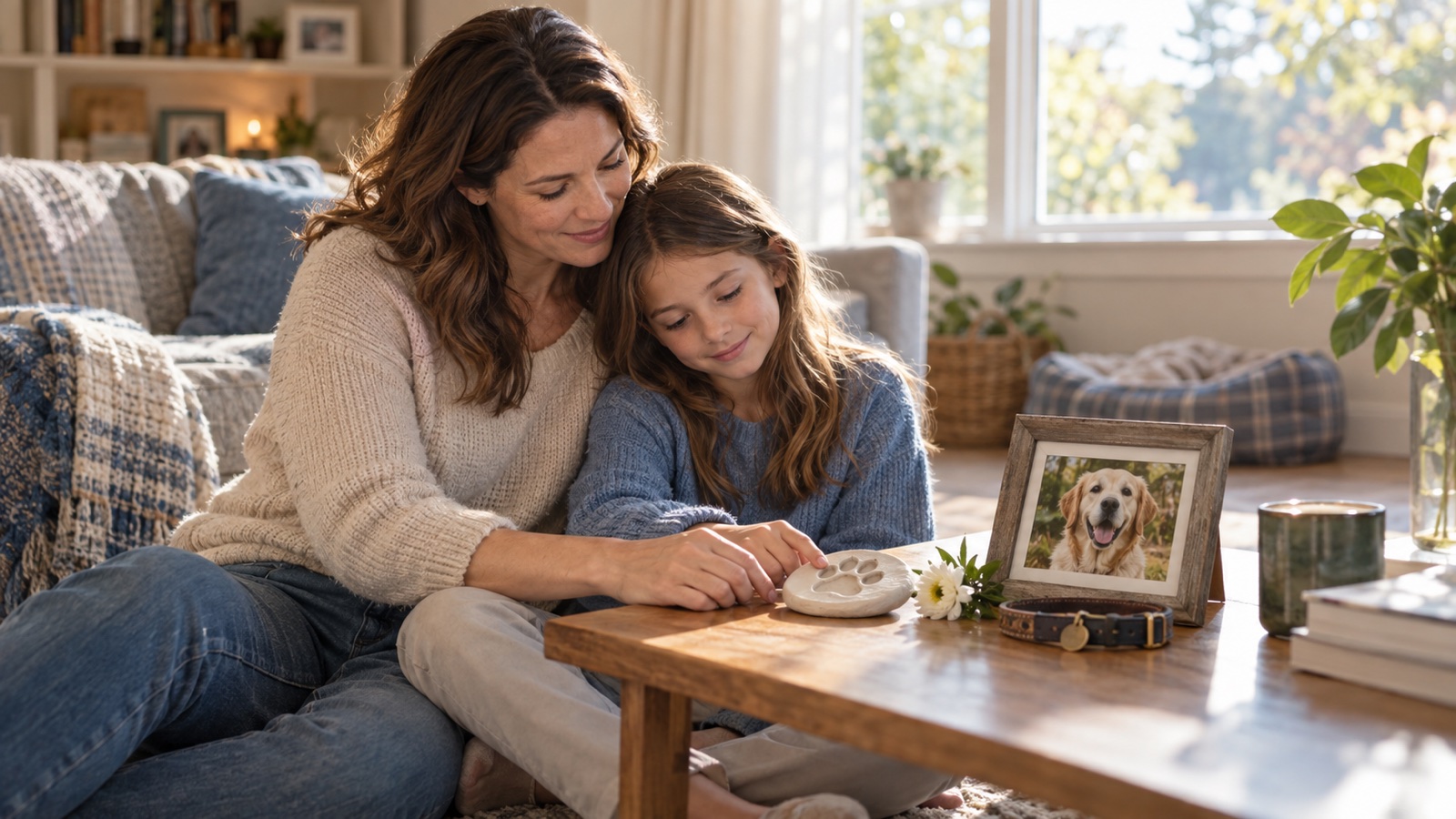 A parent and child sit together beside a framed dog photograph, collar, flower, and clay paw print