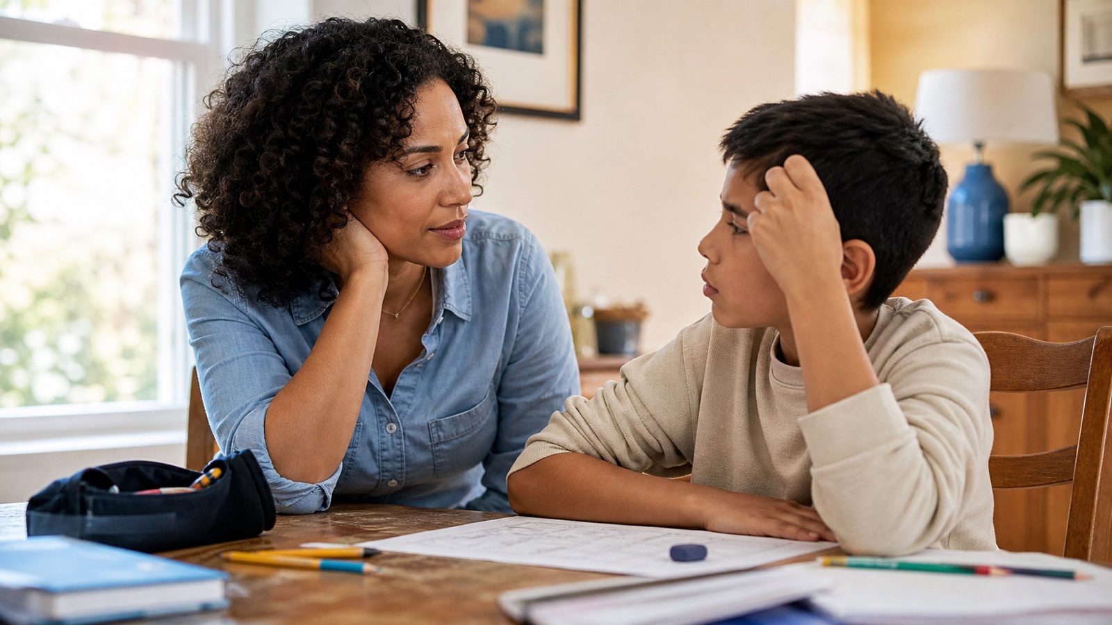 A parent listens calmly to a frustrated child at a homework table