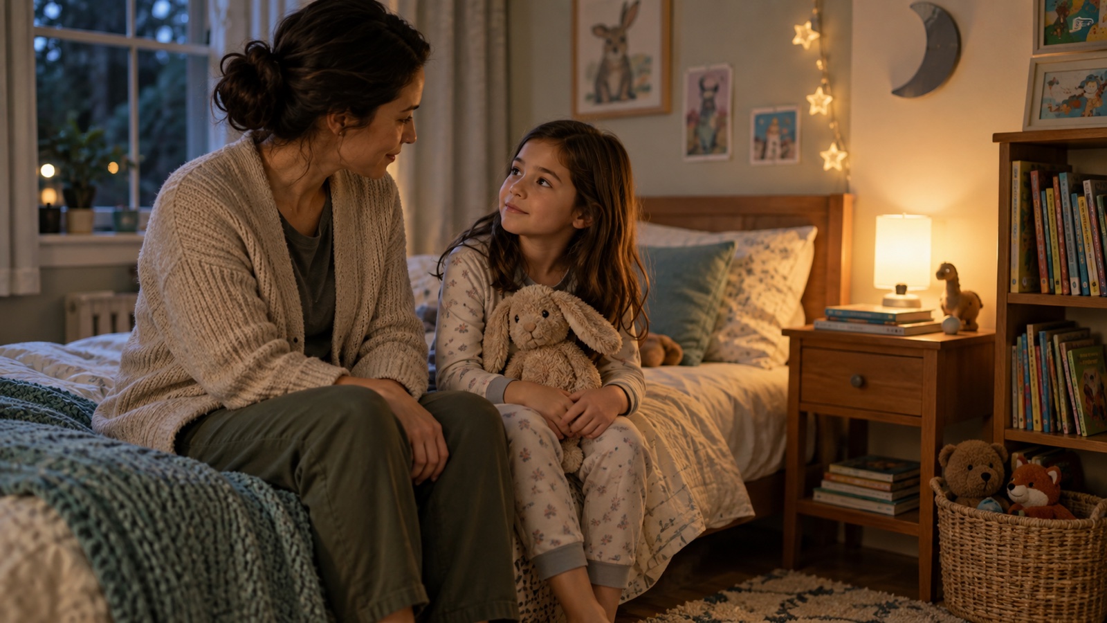 A parent listens calmly to a child holding a stuffed animal at bedtime