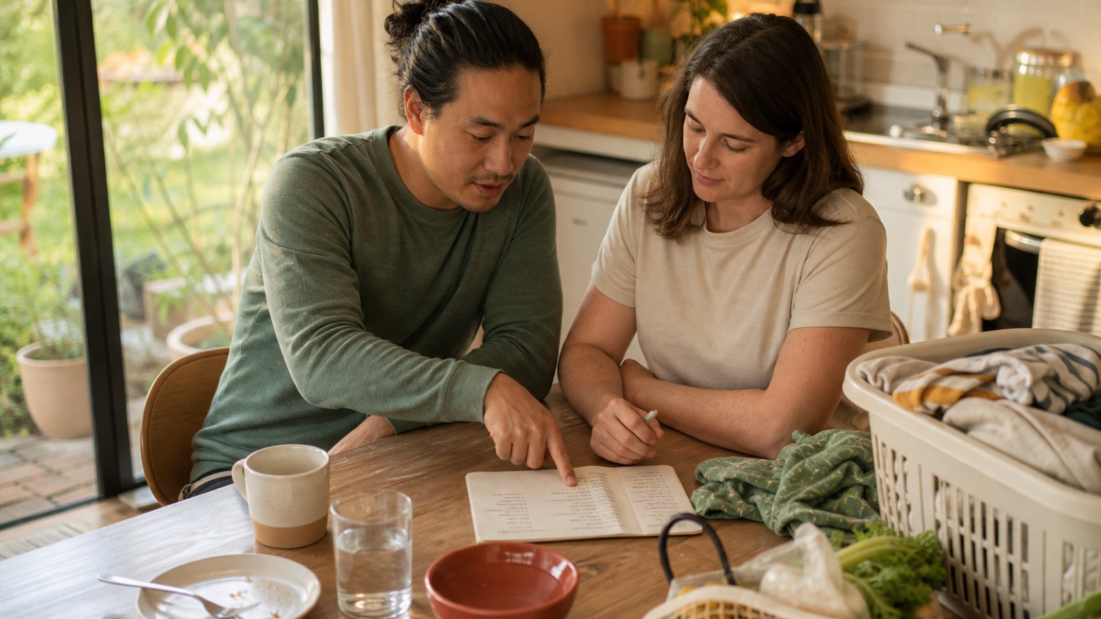 A couple calmly maps household responsibilities together at their kitchen table