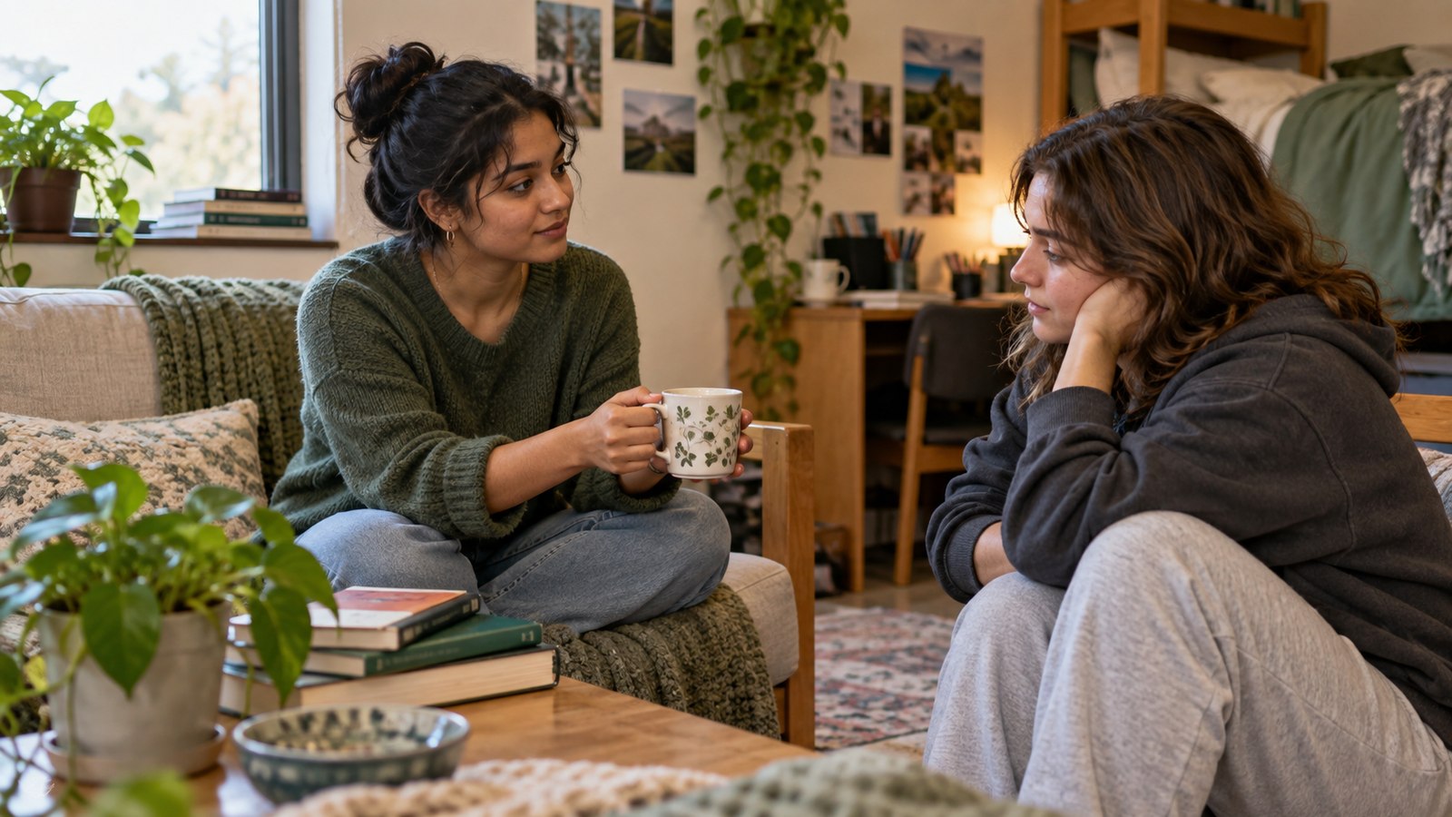 Two college-age adults have a supportive conversation over tea in a calm shared room