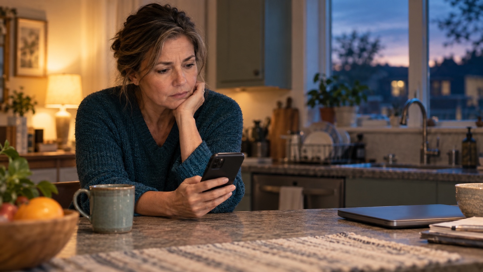 A parent pauses with a phone at a kitchen counter in the early evening