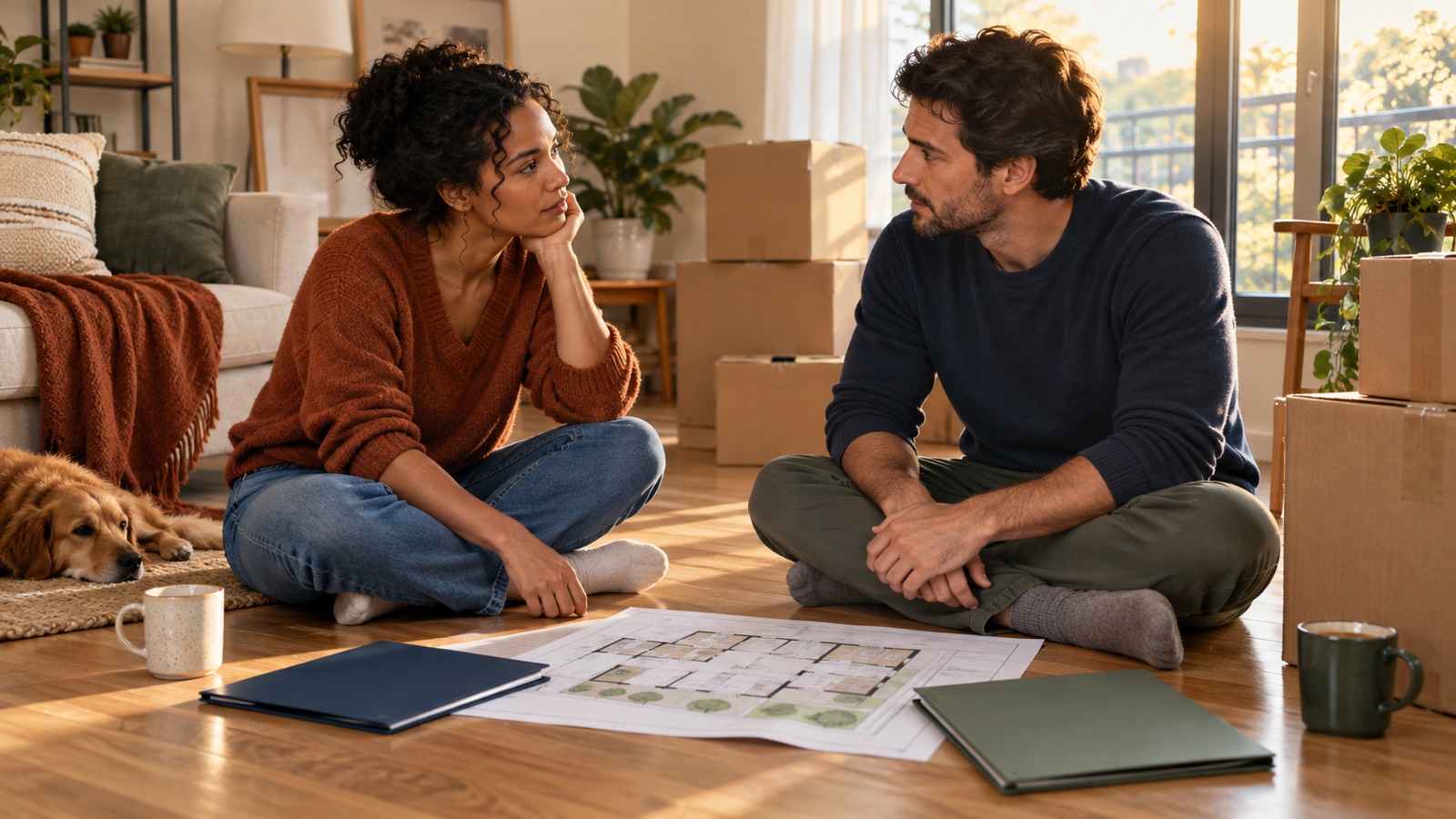 A couple sits among moving boxes and listens to each other over a floor plan