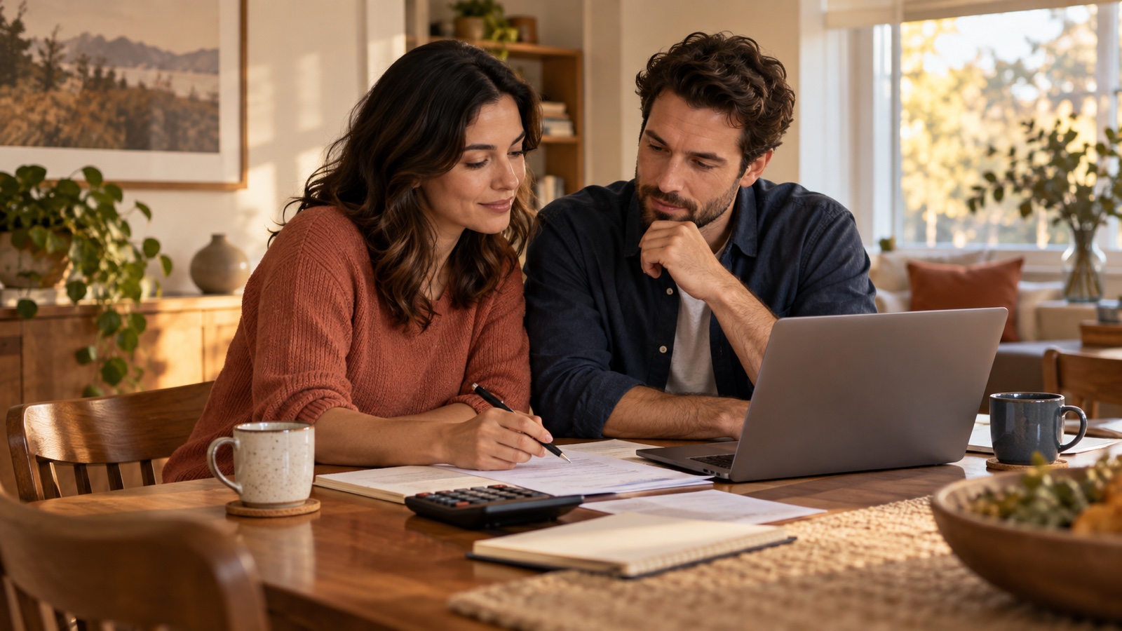 Two partners calmly review a household budget together at home