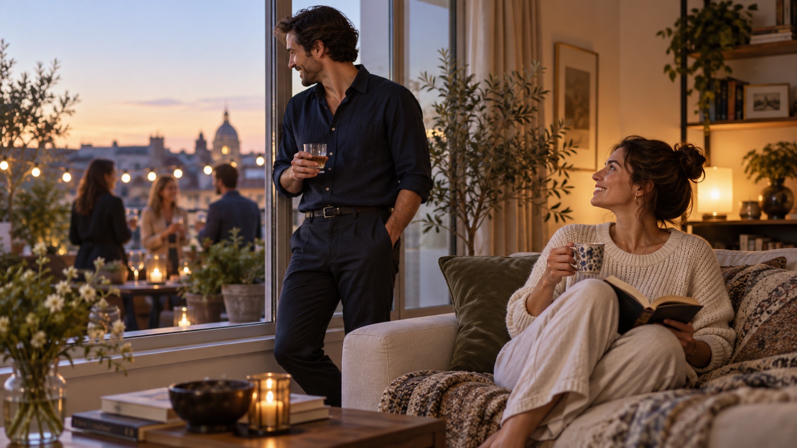 A couple talks warmly at home as one looks toward friends outside