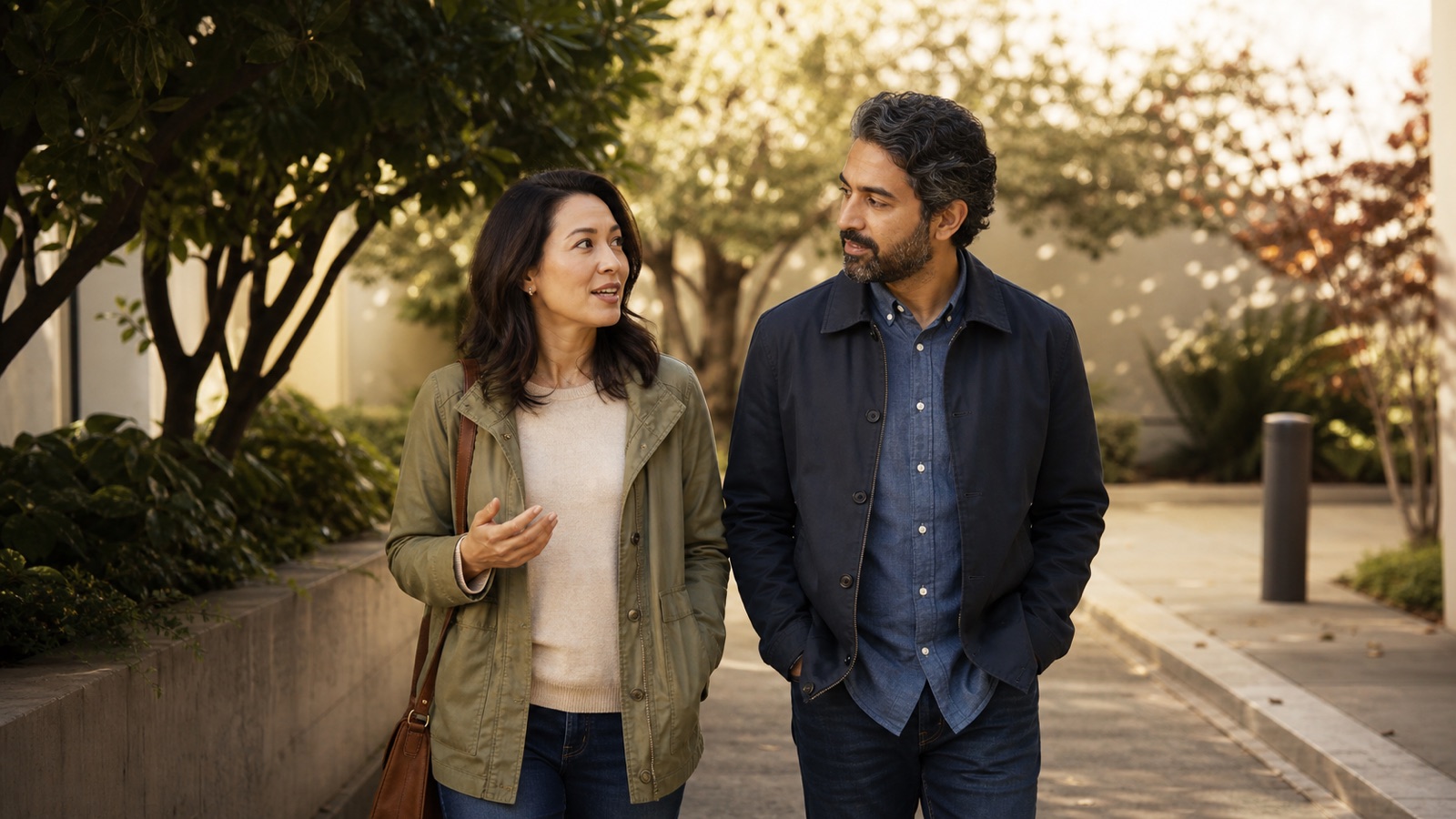 A couple walks side by side in a quiet courtyard while talking