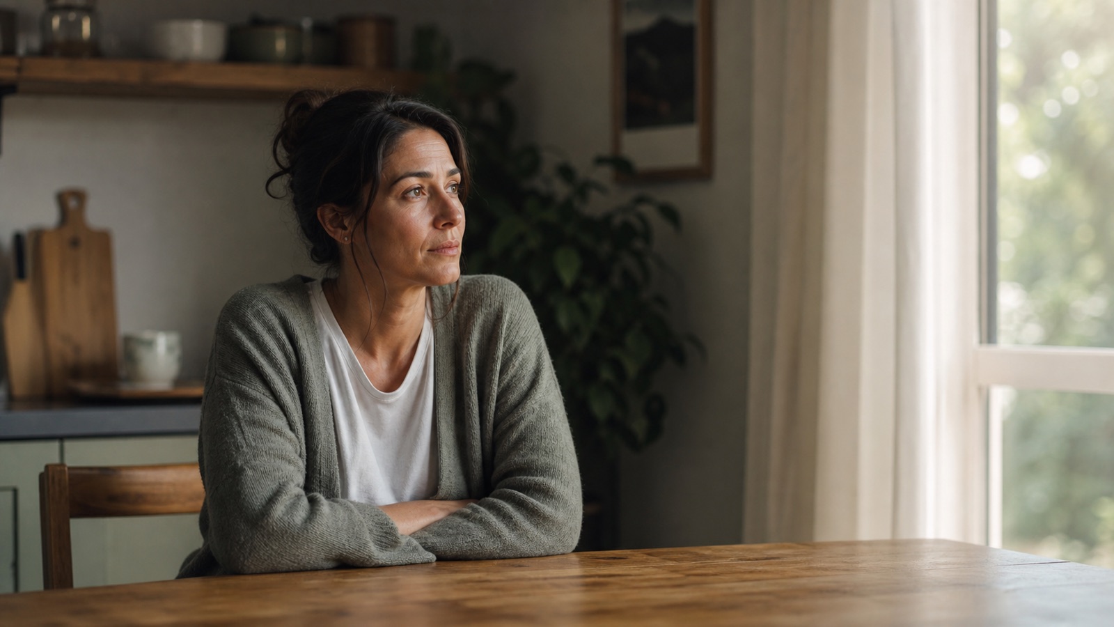 An adult sits at a kitchen table and looks toward a bright window after a difficult conversation