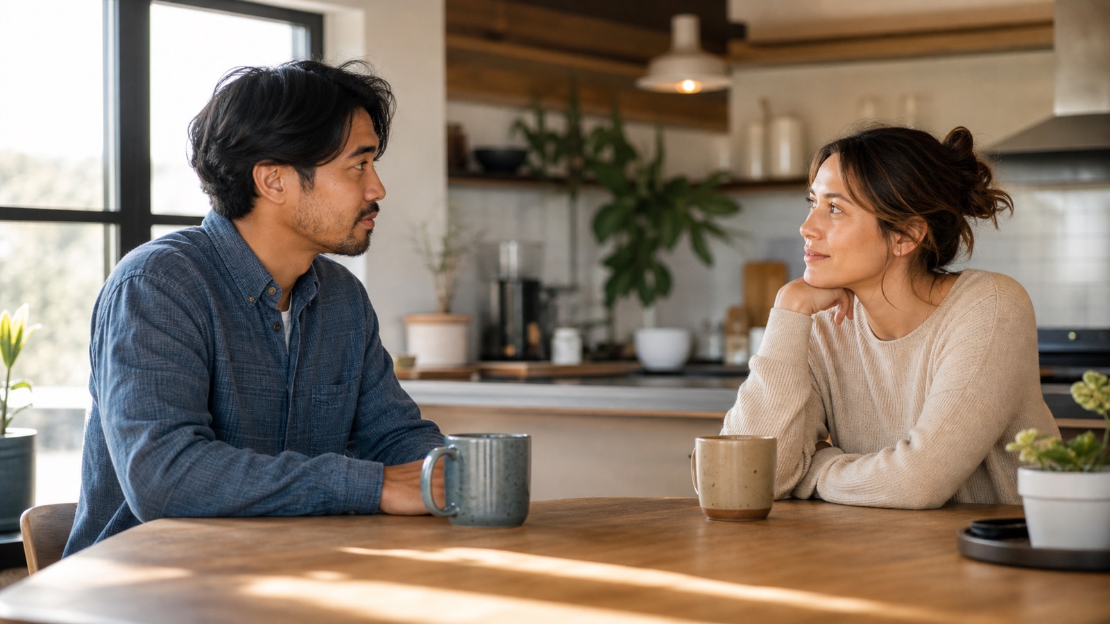 Two adults pause for a thoughtful conversation at a warm kitchen table